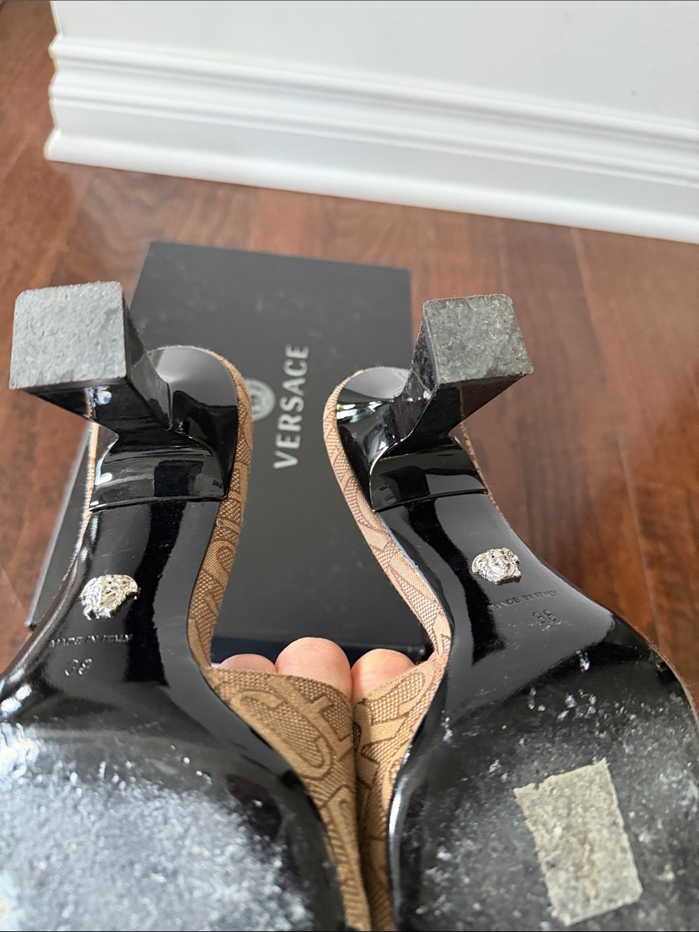 Versace Beige Logo Jacquard Slide Heels with Gold Accents - Picture 3 of 8